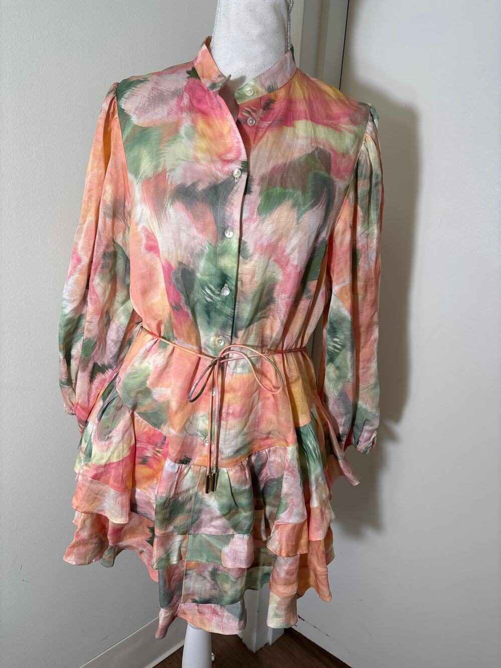 Significant Other Peach Watercolor 3/4 Puff Sleeve Mini Dress Sz 2